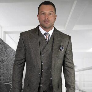 Mens One Button Wool Wide Peak Lapel Vested Pleated Pant Suit in Charcoal Grey